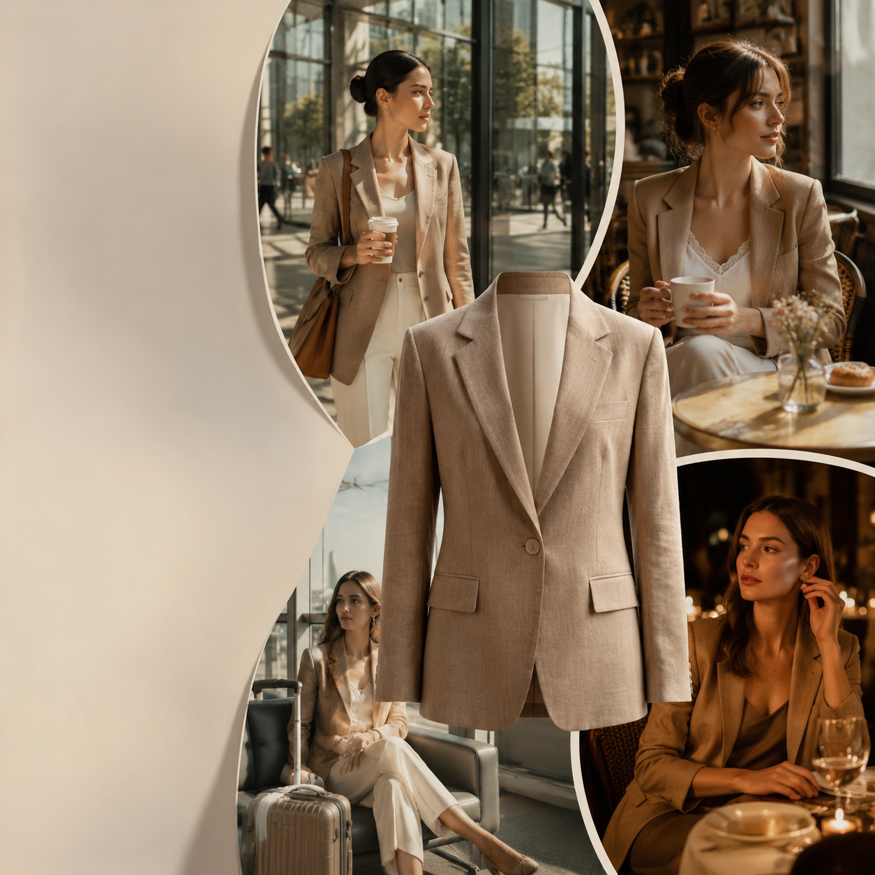 Conceptual fashion lookbook collage showing one camel blazer across office, café, travel, and evening lifestyle scenes