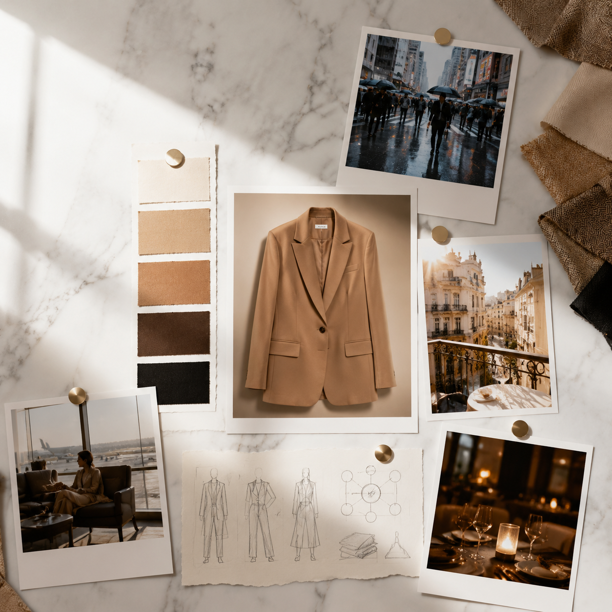 Fashion moodboard with blazer hero and lifestyle polaroids — brand style lock