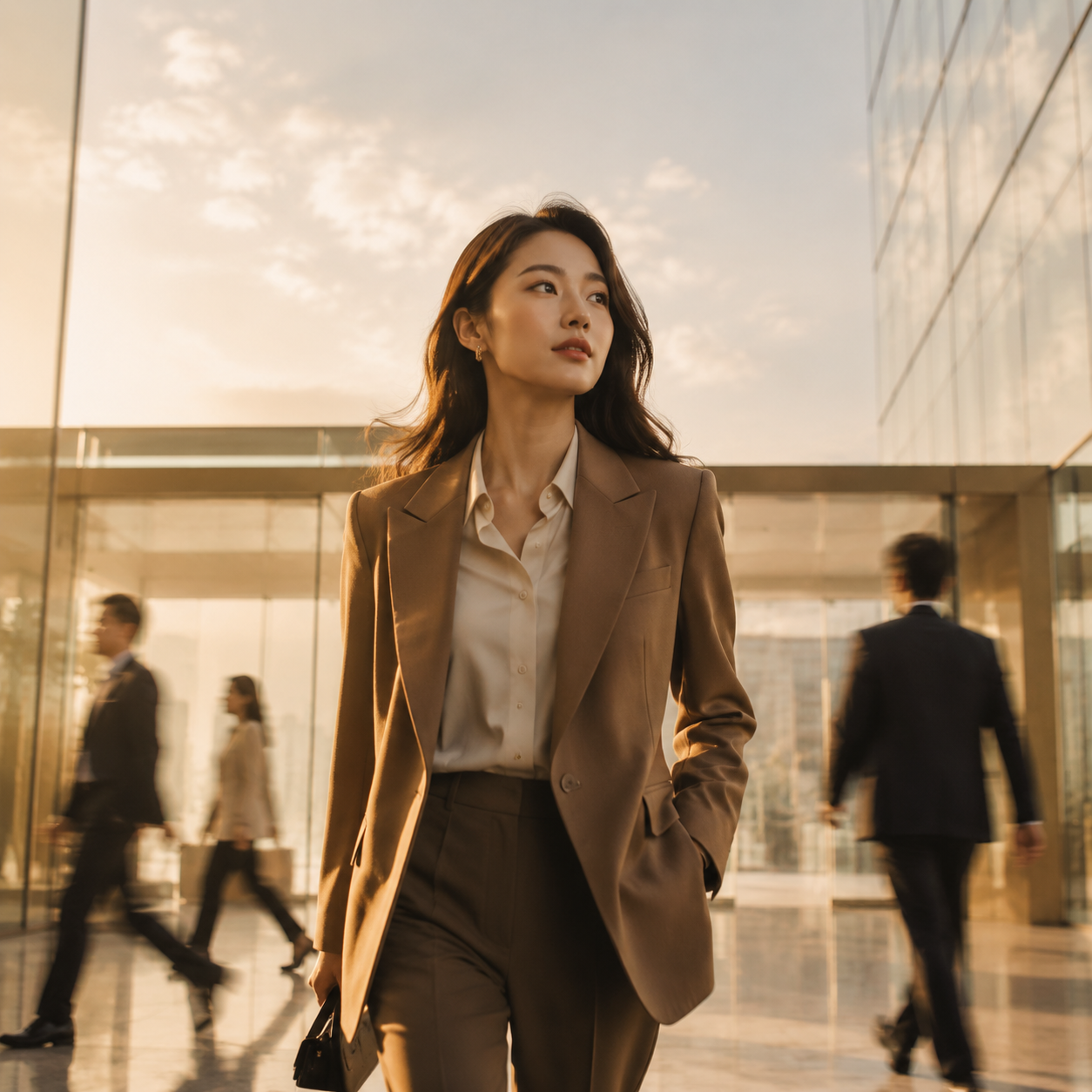 Professional in blazer walking through office lobby — Monday momentum scene